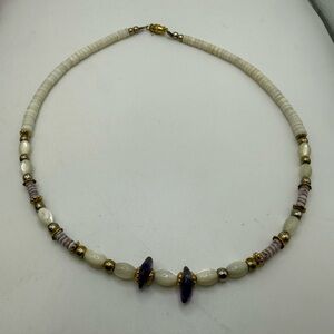 Vintage Shell Heishi Bead Necklace Amethyst Accent Boho 17”